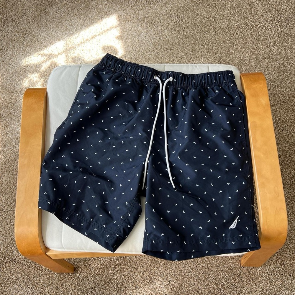 Men’s navy nautical whale print swim trunks